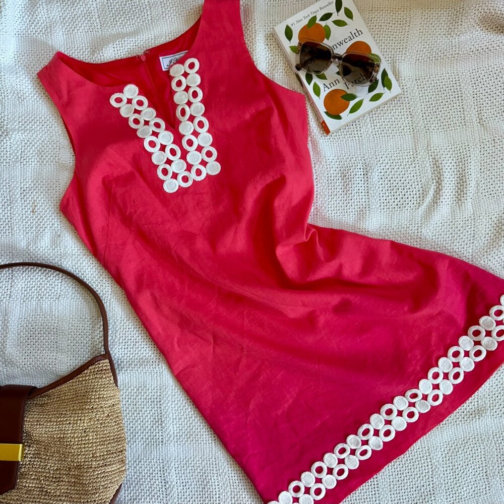 Peach/Coral Linen Blend Sheath Dress Sz 14  • Bold Applique • Lined • J. Howard - Picture 2 of 10